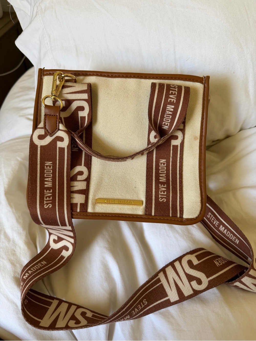 Steve Madden Cream & Brown Canvas Shoulder Bag